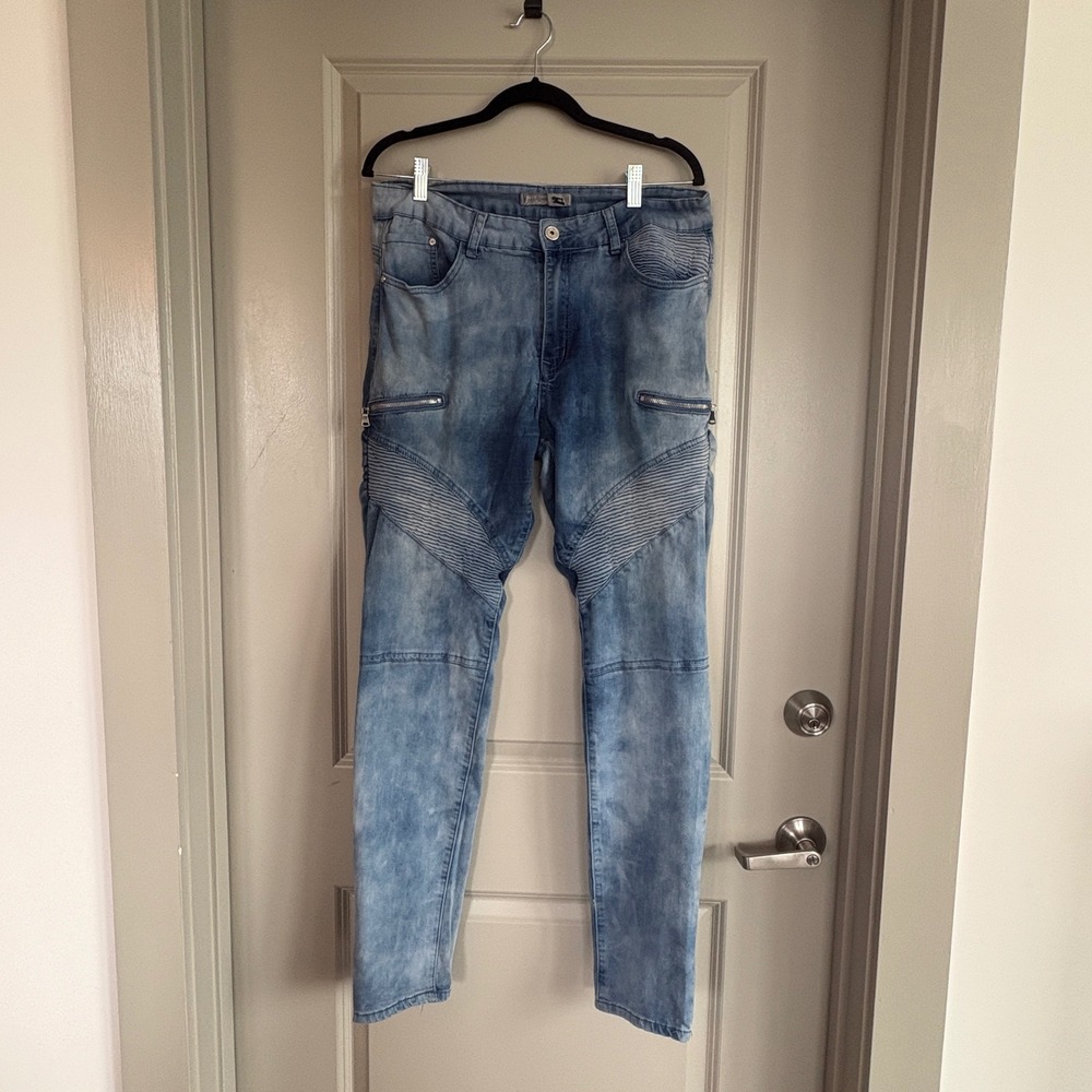 Blue Topic Moto Skinny Jeans Acid Wash Ribbed Biker Detail Blue Size 15/16